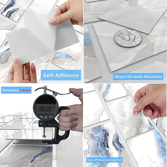 16-Pack Peel and Stick Marble Wall Tiles, Waterproof 4" x 8" Glossy Imitation Ice Blue Marble, PVC Shower Panels for Kitchen, Bathroom, and Fireplace