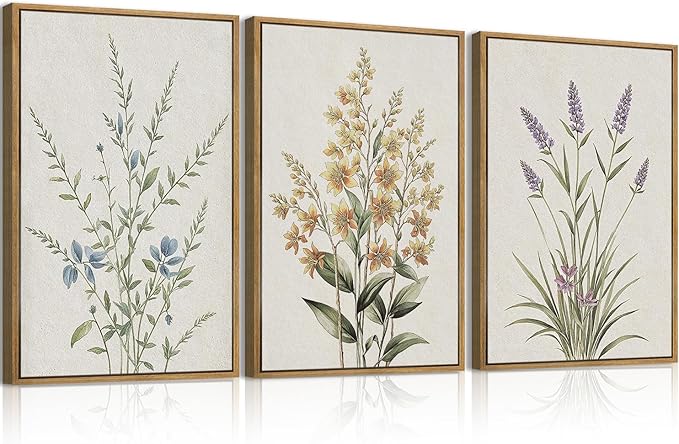 Anyzal Extral Large Neutral Floral Wall Art Beige Botanical Wall Decor Wildflower Painting 24x36 Inch Set of 3 for Living Room Bedroom Dining Room