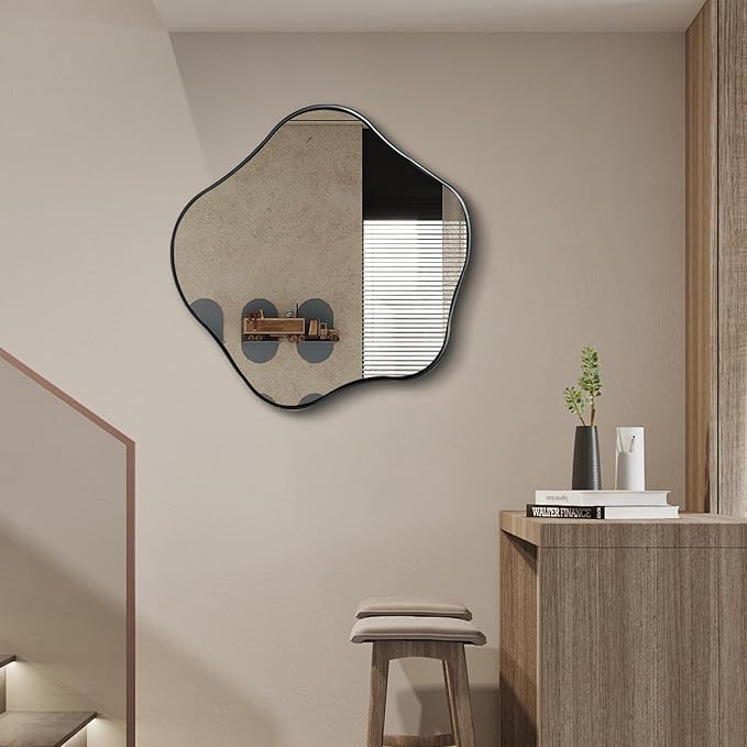 Asymmetrical Mirror, 24" Irregular Shaped Mirror for Wall, Wavy Round Mirrors Decorative, Modern Elegant Scalloped Vanity Mirrors for Living Room Bathroom Bedroom Hallway Entryway Fireplace