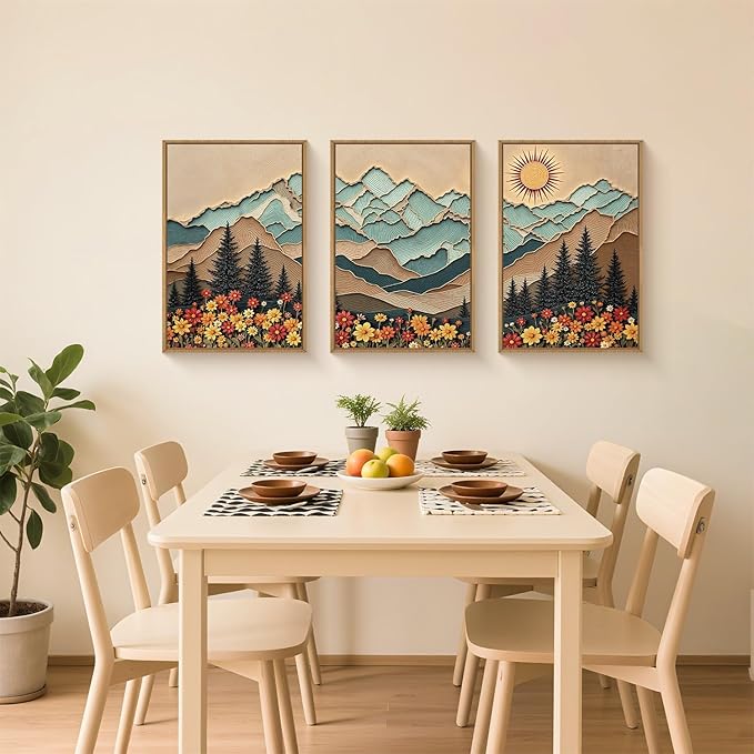 Large Wood Grain Mountain Framed Canvas Wall Art Set,Vintage Sunrise Forest Floral Wall Decor,Rustic Boho Natural Wilderness Art Printing for Living Room,Bedroom,Office-24 x36 x3