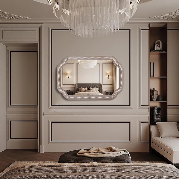 36x24'' Boho Decorative Wall Mirrors with Beaded, Wooden Scalloped Bathroom Mirrors for Over Sink, Farmhouse Style for Bedroom, Living Room, Entryway - Vertical/Horizontal Hanging