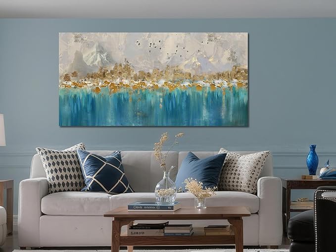 Arjun Abstract Canvas Wall Art for Mens Room, Gold Mountain Hand Painted Textured Large Bedroom Painting Artwork Framed Home Office Wall Decor, 48"x24"