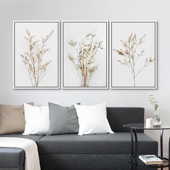 MUDECOR Framed Canvas Print Wall Art Wildflower Floral Botanical Prints Minimalist Wall Art Modern Farmhouse for Bedroom - 24"x36"x3 White