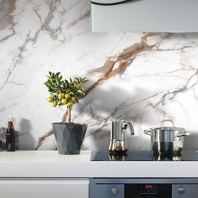 Marble Peel and Stick Waterproof Wall Paneling, 118" x 47" Calacatta Gold Glossy Finish Self-Adhesive Backsplash Tile Vinyl Wall Panel for Kitchen Bathroom Wall Decor, Covers 38.75 Sq. Ft.