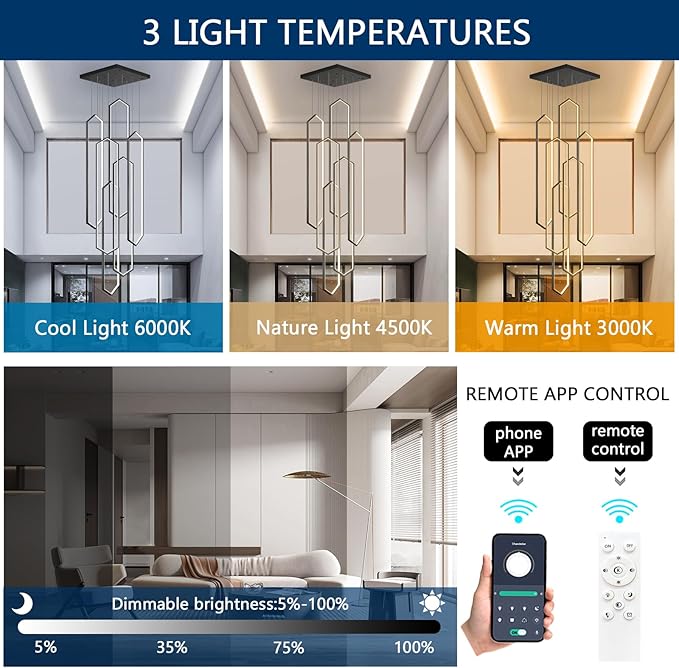 6-Rings Chandelier Modern, Black Large Contemporary LED Light for Living Room Entrance, Dimmable Flush Mount High Ceiling Chandeliers with Remote Control for Villa Foyer