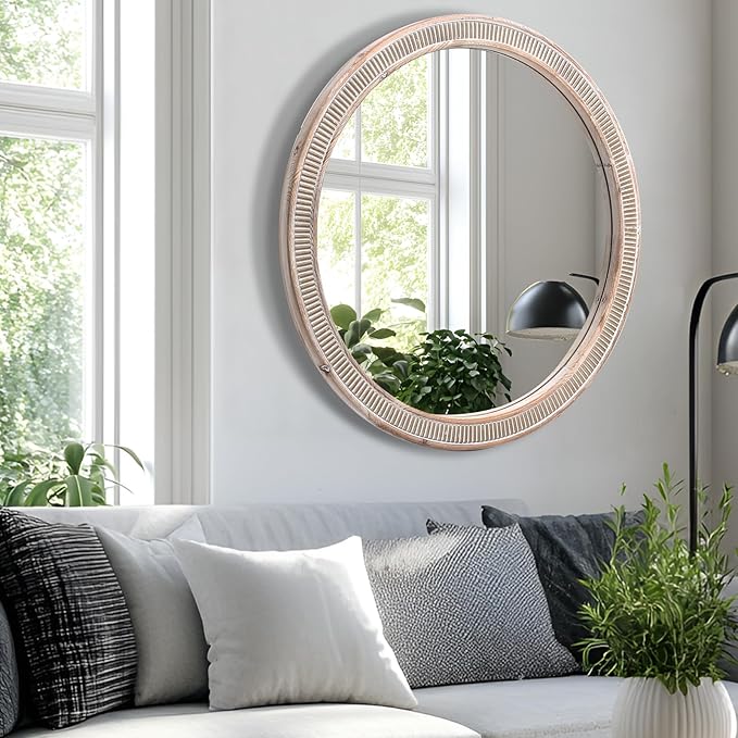 30 Inch Round Wood Mirrors for Wall Decor, Rustic Farmhouse Circle Decorative Mirror for Bathroom, Living Room, Foyer, Entryway, Bedroom