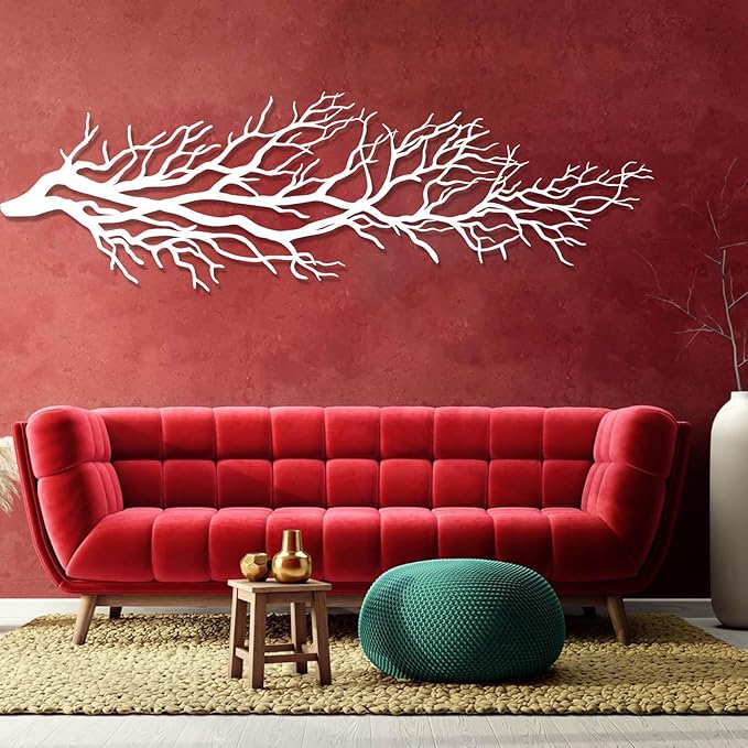 Metal Tree Branch Wall Art, Nature Sculpture, Dry Ivy Home Decor Sign, Large Housewarming Gift (9"x30"|23x76cm, White)