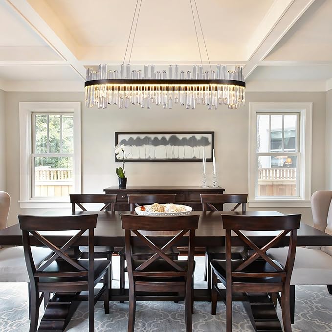 Black Modern Led Crystal Chandelier: 39.3" Rectangle Linear 3 Color Dimmable Chandeliers for Dining Room Over Table - Luxury Rectangular Contemporary Oval Light Fixture for Living Room Bedroom Foyer