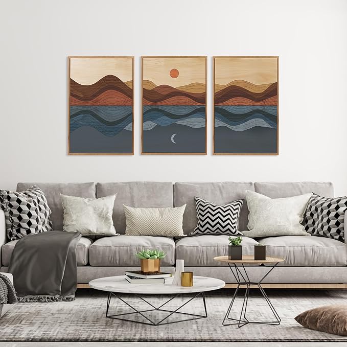 CHDITB Coastal Sunset Framed Canvas Wall Art Set, Nature Inspired Wall Decor, Mountain and Sea Artwork Spiritual Painting, Vintage Art Prints for Living Room, Bedroom, Office 24"x36"x3