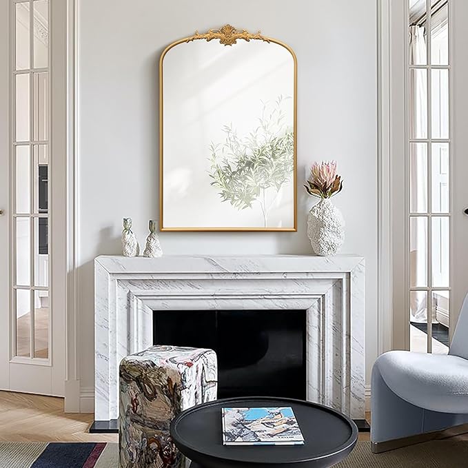 Antique Baroque Arched Mirror: 24"x36" Arch Gleaming Gold Vintage Wall Mounted Mirror - Traditional Ornate Home Decor for Entryway/Fireplace/Bathroom - Idea for Homemakers