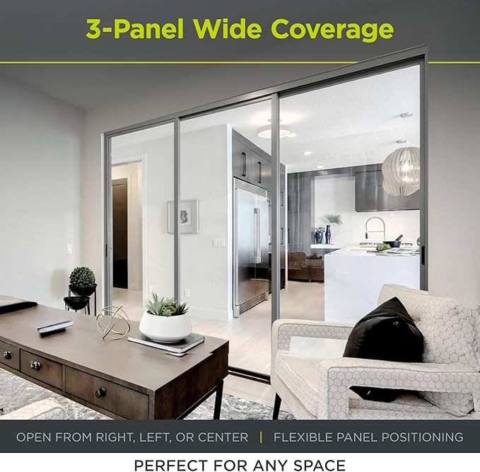 3-Panel Clear Glass Sliding Room Divider - Tempered Glass Wall Separator Screen for Office, Home, Workstation, Cubicle, Desk - Commercial & Residential Partition - 90" W x 80" H, Charcoal Frame