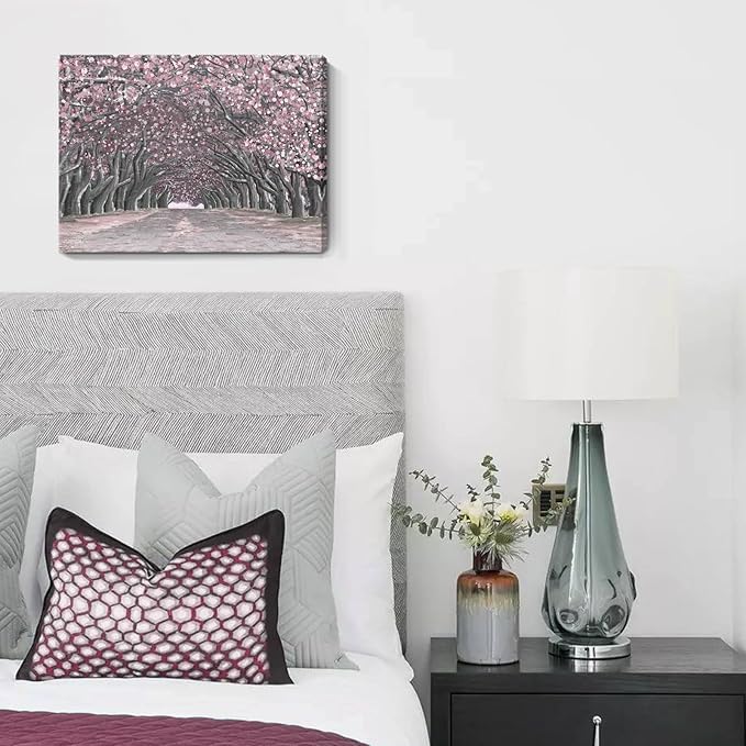 Nicetop Pink Wall Art–Abstract Floral Trees Artwork Canvas Print Romantic Cherry Blossom Nature Forest Path Archway Landscape Picture Decor for Bedroom Girls Room Bathroom, 16x12 Inch