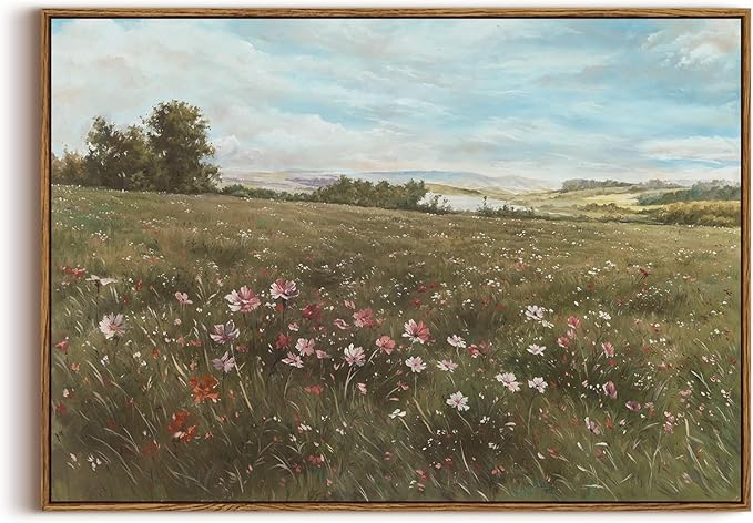 KISSFOX Vintage Landscape Canvas Wall Art Farmhouse Colorful Wildflower Meadow Framed Wall Art Summer Natural Serene Countryside Paintings Artwork Rustic Art Prints For Bedroom Bathroom Living Room