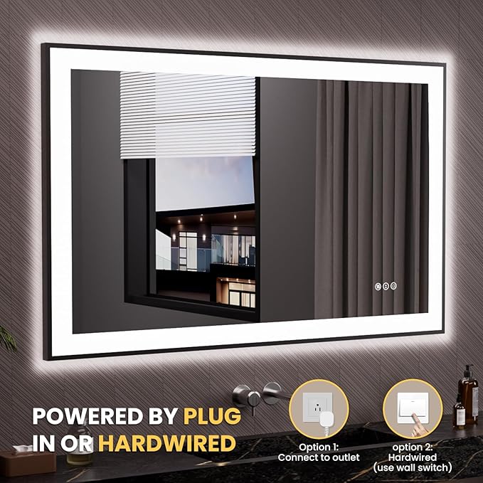 LOAAO 48"X30" LED Bathroom Mirror Black Framed, Anti-Fog, Dimmable, Lighted Bathroom Vanity Mirror for Wall, Memory Function, Tempered Glass