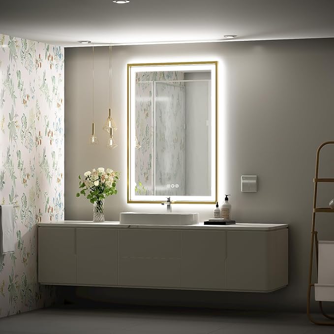 24X36 Inch Led Bathroom Mirror,Frontlit & Backlit Lighted Mirror,Gold Metal Frame Vanity Mirror for Wall,Double Lights Strips,Anti Fog Stepless 3 Colors Temperature & Dimmable