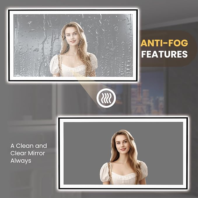 LOAAO 77"X36" LED Bathroom Mirror Black Framed, Anti-Fog, Dimmable, Lighted Bathroom Vanity Mirror for Wall, Memory Function, Tempered Glass