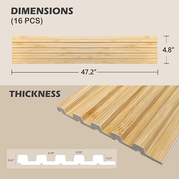 KASARO 3D Faux Wood Wall Panels - 16 Pack (47.2"x4.8") Fluted Slat Paneling for Walls & Ceilings, Adhesive or Nail Install, Waterproof Textured Decor - Living Room, Bedroom,Oak