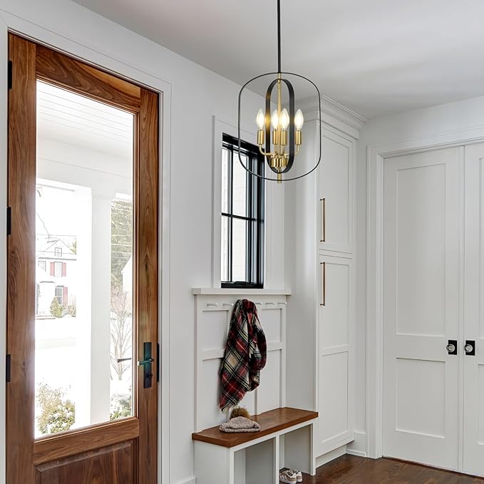 4-Light Black and Gold Chandeliers Modern Farmhouse Pendant Lights Kitchen Island Adjustable Height Small Entryway Chandelier for Dining Room Living Room Bedroom Foyer E12 Base