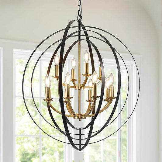 Black and Gold Chandelier, 12-Light Farmhouse Chandelier for Entryway, 31.5" Extra Large Round Pendant Light Fixtures, Foyer Chandeliers for High Ceilings, Rustic Ceiling Foyer Lighting Fixtures