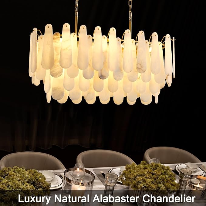 Chandeliers for Dining Room, L39.4in Modern Alabaster Rectangle Brass Chandelier, 4-Tiers Luxury Natural Stone Ceiling Light Fixture, White Marble Chandeliers for Kitchen Island Living Room