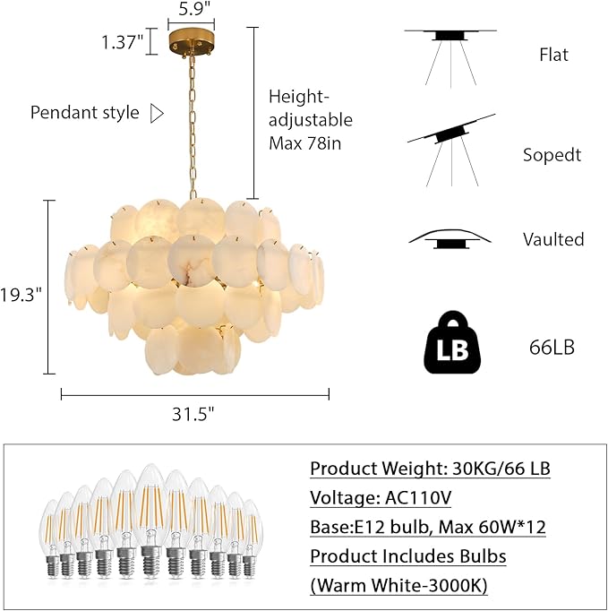 Natural Alabaster Round Chandelier, 31.5" Modern Marble Chandelier with 50 Stone Texture Panels, 12-Light Dimmable Spanish Alabaster Chandeliers for Living Room, Dining Room, Hallway