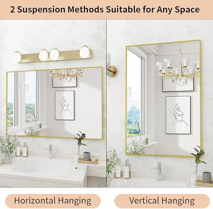 Koonmi Gold Mirrors for Wall, 30x60 Inch Bathroom Mirror, Rectangular Wall Mirror for Living Room Bedroom Bathroom, Hangs Horizontally or Vertically