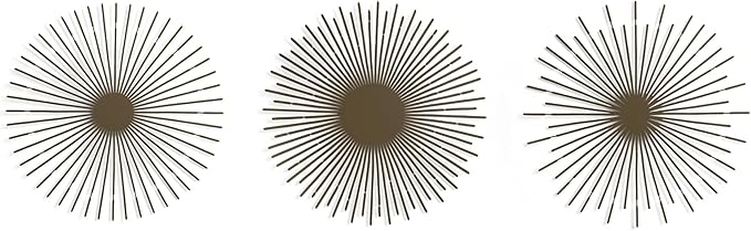 NEODECO Sun Rays-Triple Metal Wall Art, Geometric Sun Decor, Metallic colors, Large 3D wall sculpture, model BCD, Set of 3 (Bronze, Medium)