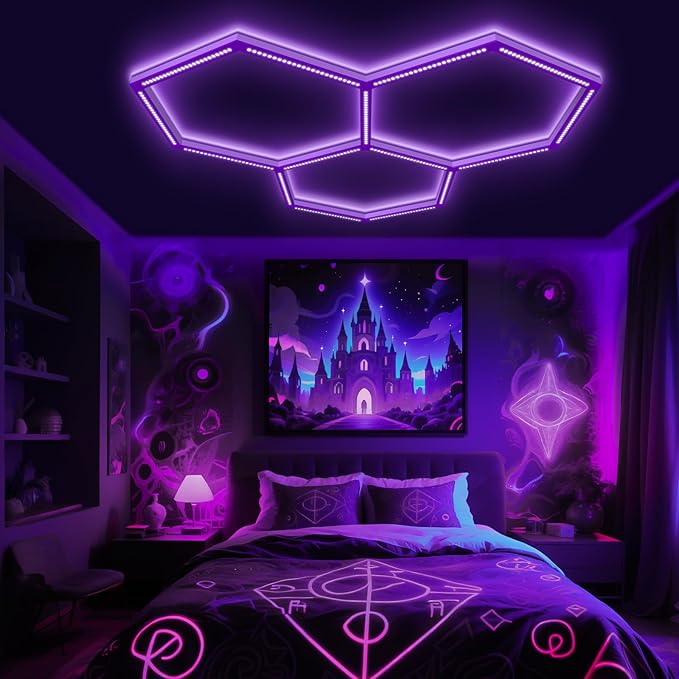 BRILLIHOOD 16 Pack LED Hexagon Blacklights, 112W, 3 Girds UV Black Light Fixture with US Plug for Neon Glow Party, Halloween, Body Paint and Art Displays in Large Space