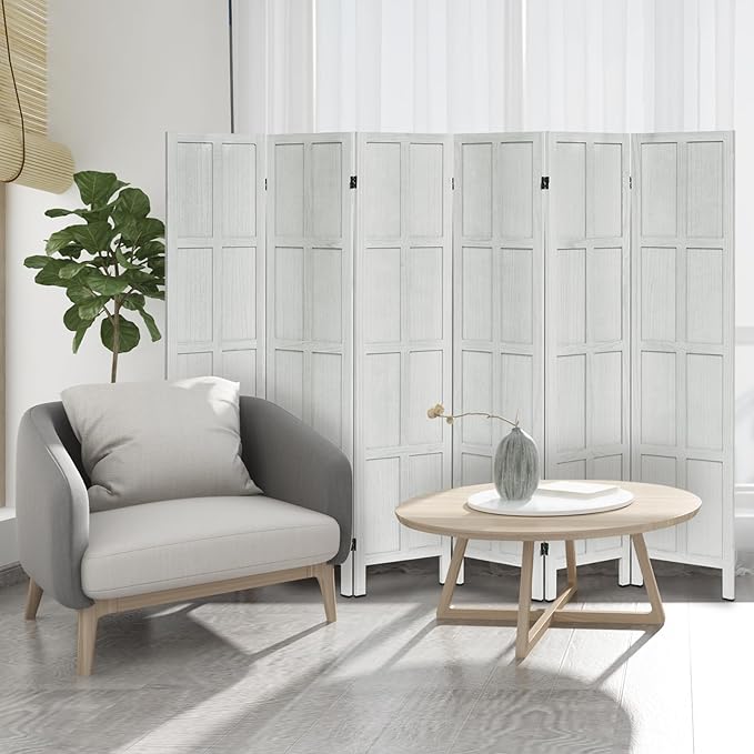 Classic 6 Panel Room Divider and Folding Privacy Screen, 5.6Ft Wood Room Divider Wall, Partition Screen Divider for Room Separation for Bedroom, Home Office, Dressing Room, White
