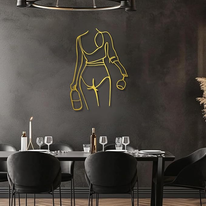 Metal Wall Art Woman Drinking Wine, Modern Minimalist Abstract Line Sculpture, Feminine Wall Decor for Living Room, Dining Room, Bar, Kitchen, Perfect Wine Lover Birthday Housewarming Gift – Gold 30.3"x21.7"