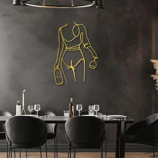Metal Wall Art Woman Drinking Wine, Modern Minimalist Abstract Line Sculpture, Feminine Wall Decor for Living Room, Dining Room, Bar, Kitchen, Perfect Wine Lover Birthday Housewarming Gift – Gold 30.3"x21.7"