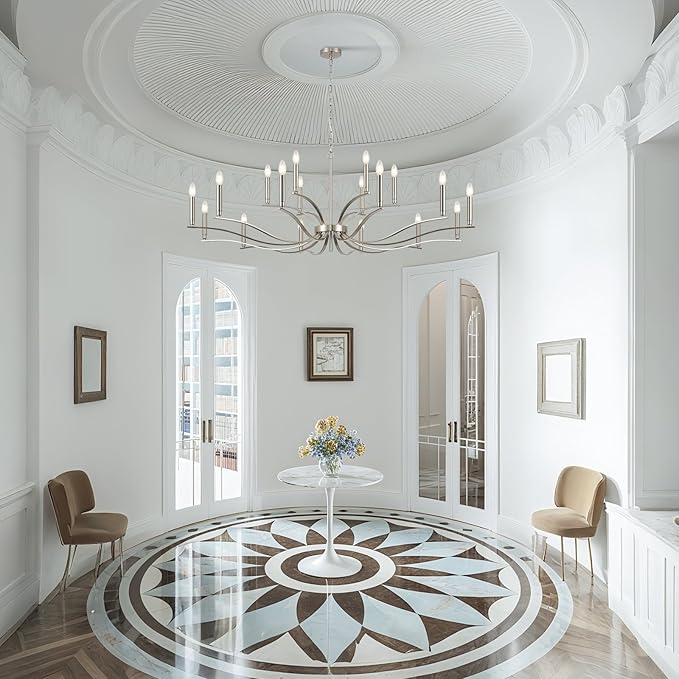 18 Light Nickel Living Room Chandelier High Ceiling Foyer Candle Chandelier Large Modern 59in Metal Chandeliers Hanging Light for Master Bedroom Dining Room Light Fixture Over Table