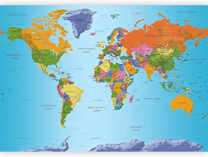 artgeist Wall Mural World Map 193x138 in - XXL Peel and Stick Self-Adhesive Wallpaper Removable Large Sticker Foil Wall Decor Print Picture Image Design Map of The World k-A-0095-a-a