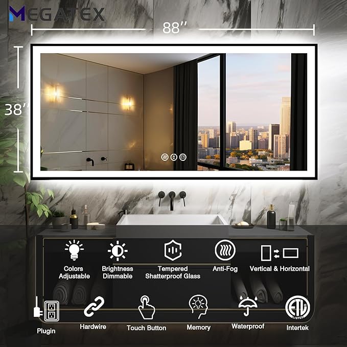 88x38 Large Light up Bathroom Mirror, Wall-Mounted LED Vanity Mirrors, Black Trim and Double Lights, 3 Colors and Stepless Dimming, Anti-Fog, Memory, Shatterproof (Horizontal/Vertical)