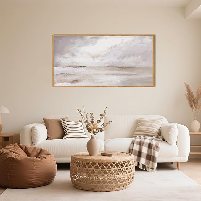 Large Neutral Abstract Framed Canvas Wall Art Set,Minimalist Gray and Beige Pastel Wall Decor,Modern Nature Misty Textured Art Painting for Living Room,Bedroom-20 x40