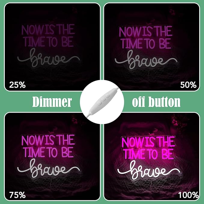 Now Is The Time To Be Brave Neon Sign for Wall Decor Pink Neon Light Dimmable Positive Led Light Up Sign for Classroom Bedroom Teenagers Girls Room Club Salon 16.5 * 11.8 Inch