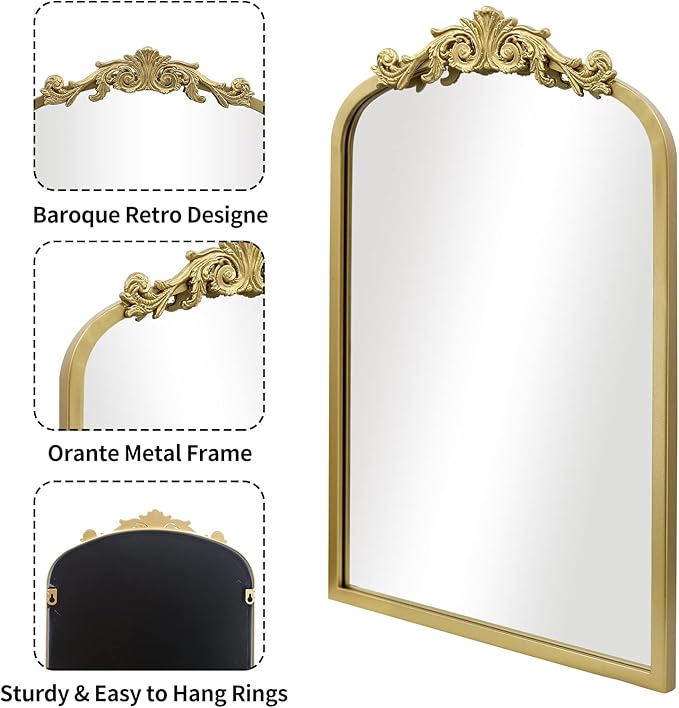 AIXI HOME Vintage Gold Vanity Makeup Desk Arched Mirror 12"x18", Antique Traditional Table Mirror with Ornate Metal Frame & Bracket, Small Standing Baroque Mirror for Living Room,Bedroom,Tabletop