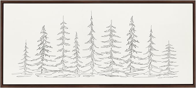Kate and Laurel Sylvie Minimalist Evergreen Trees Sketch BW Framed Canvas Wall Art by The Creative Bunch Studio, 18x40 Brown, Minimal Christmas Tree Art for Wall
