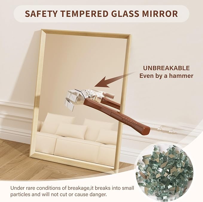 Oak Wood Effect Framed Wall Mirror, 22x30 Rectangle Mirror, 1/8" Anti-desilvering Tempered Glass, Sustainable& Sturdy Frame, Anti-Rust, HD Reflection &3min Fast Setup for Bathroom Living Room