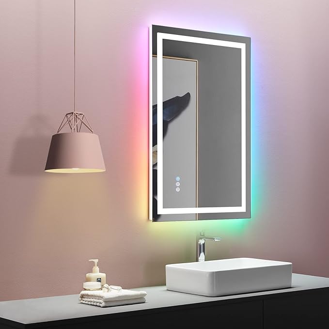 LOAAO 28"X36" LED Bathroom Mirror with Lights, Anti-Fog, Dimmable, RGB Backlit + Front Lighted, Bathroom Vanity Mirror for Wall, Memory Function, Tempered Glass (Safe to Use)
