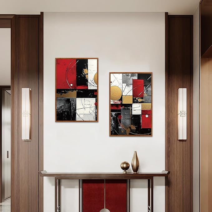 LHIUEM Abstract Black Framed Canvas Wall Art,Modern Red Wall Decor,Boho Metal Painting,Minimalist Textured Gold Artwork for Living Room,Bedroom,Dining Room -16"x24"x3