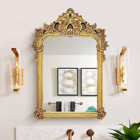 Baroque Vintage Mirror with Gold Arch Frame, Antique Ornate Mirror for Wall Decor, 21.7'' x 31.5'' Gold Wall Decor for Entryway, Fireplace, Living Room, Bathroom