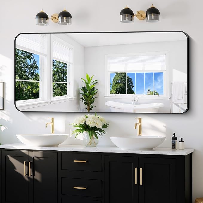 KOCUUY Black Bathroom Mirror 60"x28", Large Vanity Mirror with Rounded Corner, Metal Black Frame with Mordern Design for Bathroom, Living Room, Entryway, Hang Horizontal/Vertical