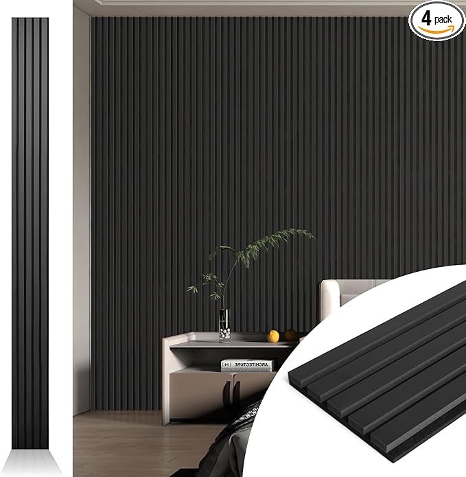 Art3d 4pcs-107 x 8in Slat Acoustic Panel for Wall and Ceiling, 3D Fluted Sound Absorbing Panel with Wood Finish, Black