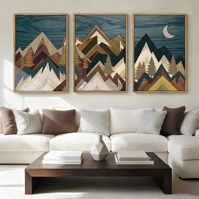 BINCUE Extra Large Mountain Wall Art Set of 3 Moon Froest Wall Decor Nature Landscape Art Print for Living Room Bedroom Office 24x36 Inches