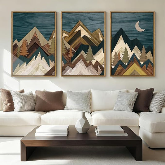 BINCUE Framed Mountain Wall Art Landscape Wall Decor Moon and Nature Artwork for Bedroom Living Room Office 16x24 Inches Set of 3