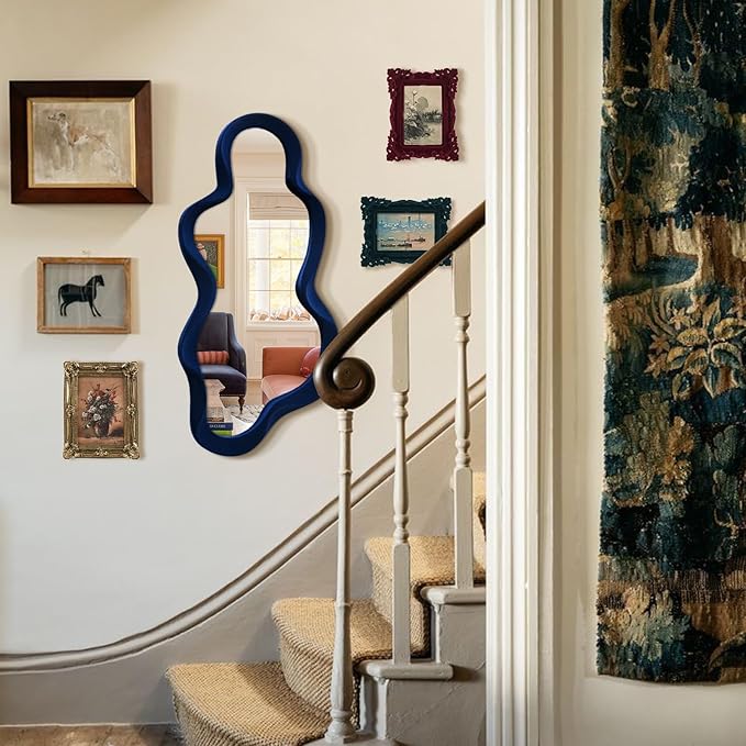 Living Room Mirrors for Wall Decor, 13.8x29.7 Wall Mounted Cloud Mirror for Girl Teen Women Bedroom Decoration, Cute Hanging Wall Art for Coastal Beach Ocean Home Office (Dark Blue)