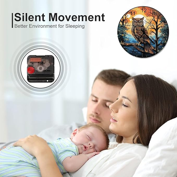 Moon Owl Round Wall Clock, Watercolor Cartoon Scene Bird Animal Black and White Art Print Children's Living Room Bedroom Kitchen Wooden Silent Wall Clock 12x12INCH