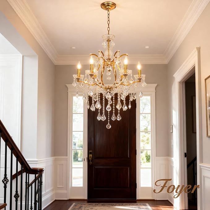 Luxury Antique Gold Crystal Chandeliers with Candle Pendant Ceiling Light Fixture - 6 Lights Polished Golden Bronze Crystal Chandelier for Dining Room, Living Room, Kitchen, Bedroom