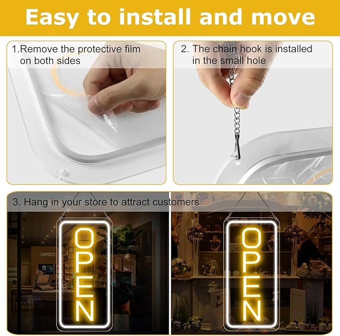22.8"x 11.8" Ultra Bright 12V Neon Open Sign for Business, LED Open Neon Sign, Electric Light up Signs for Stores, Restaurants Offices Retail Shops Window (Yellow-White-Vertical)
